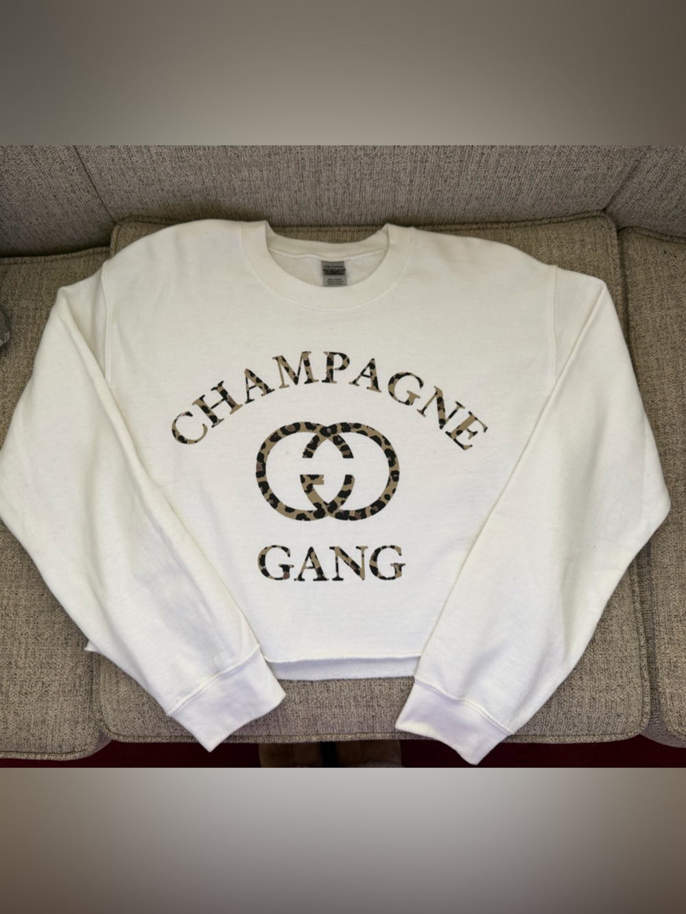 Gildan White Crewneck Sweatshirt with Leopard Print Graphic
